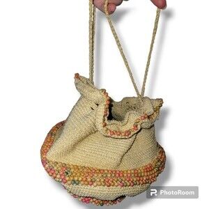 Vintage Coastal Cowgirl Rainbow Beaded Boho Crochet Macrame Cream Wristlet Bag